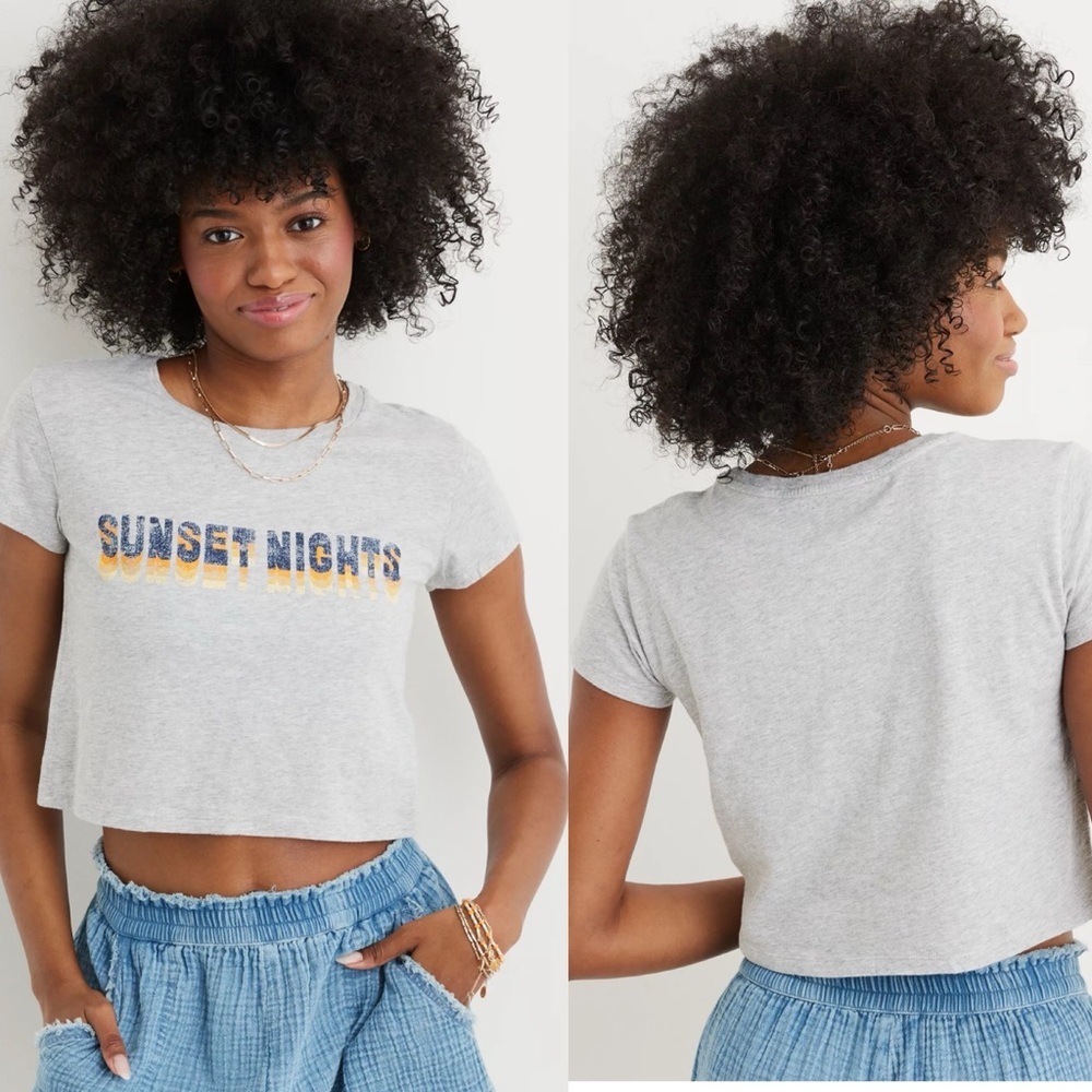 Aerie Gray Crop Graphic T-Shirt Short Sleeve